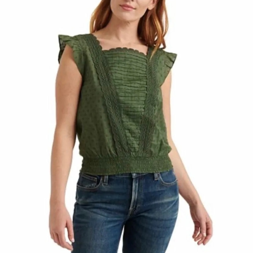 2/$20   Lucky Brand Wo Square Neck Mixed Media Top - Thyme